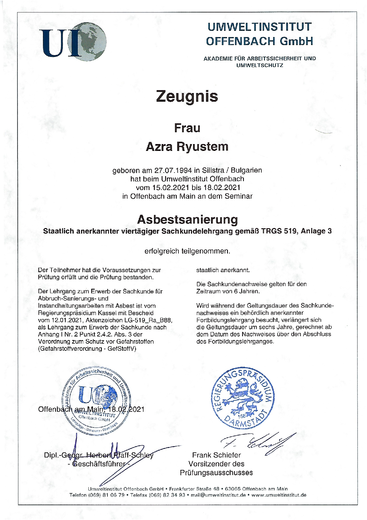 Weiteres Fachkundezertifikat